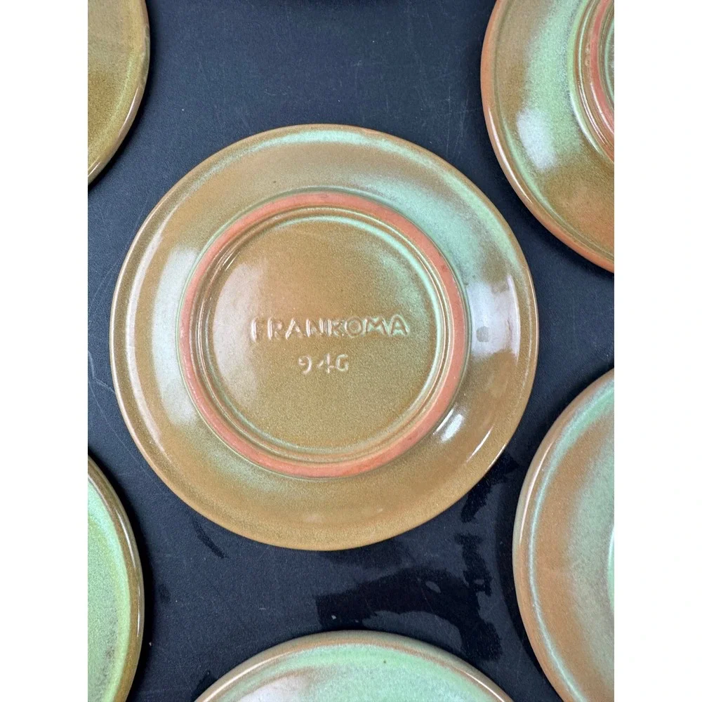 Vtg Frankoma Appetizer Plates Set‎ of 7 Brown Green Wagon Wheel Sunburst 6.5